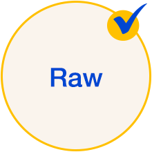 Blue checkmark inside a tan circle. The label reads: Raw